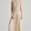 Abito pizzo cristalli plissè beige