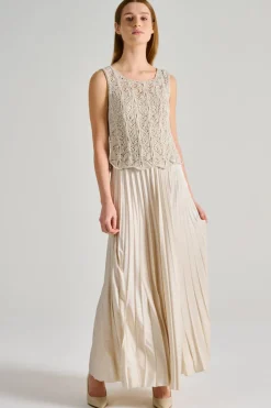 Abito pizzo cristalli plissè beige