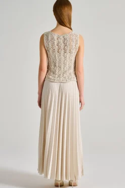 Abito pizzo cristalli plissè beige