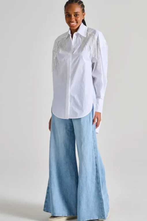 Camicia over shirt paillettes frange bianco