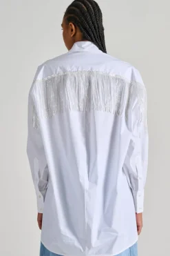 Camicia over shirt paillettes frange bianco