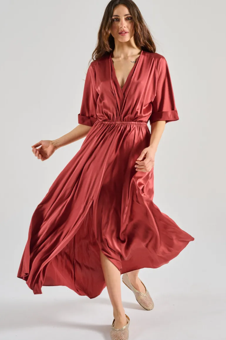 Forte forte abito satinato setificato maniche corte marrone