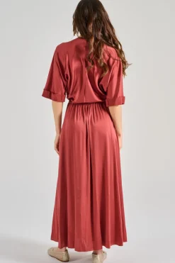 Forte forte abito satinato setificato maniche corte marrone