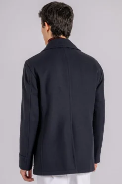Giaccone blu in lana vergine, poliammide e cashmere