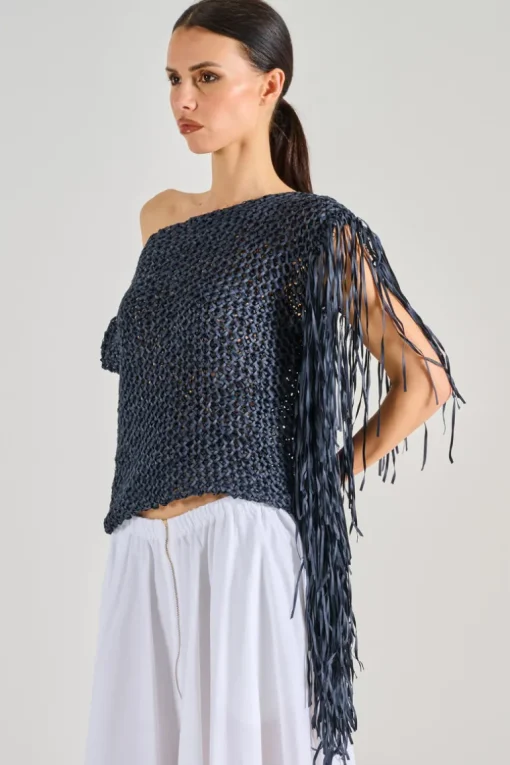 Maglia con frange tessuto nero