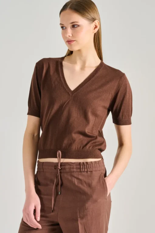 Maglia scollo a v 100% acrilico marrone