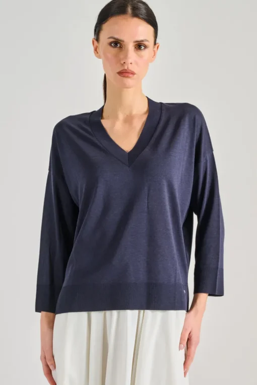 Maglia scollo a v tessuto blu