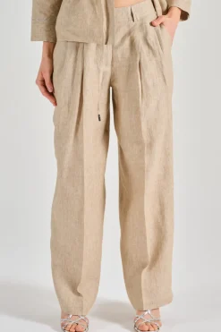 Pantaloni tela di lino effetto delavé beige