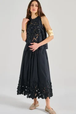 Top en fleur popeline di cotone nero