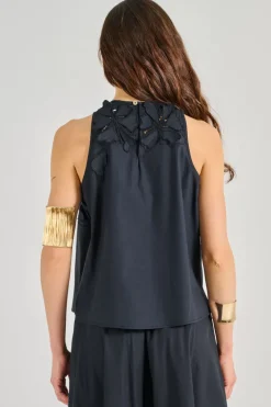 Top en fleur popeline di cotone nero