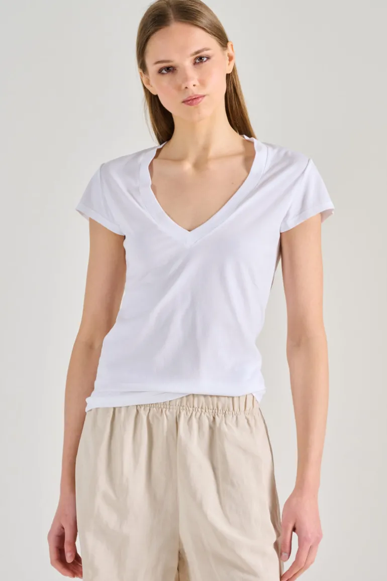 T-shirt scollo a v cotone bianco