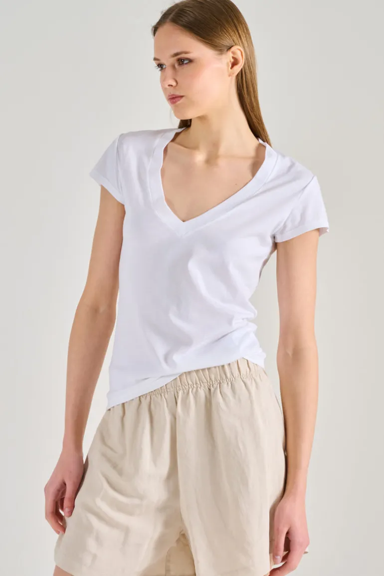 T-shirt scollo a v cotone bianco